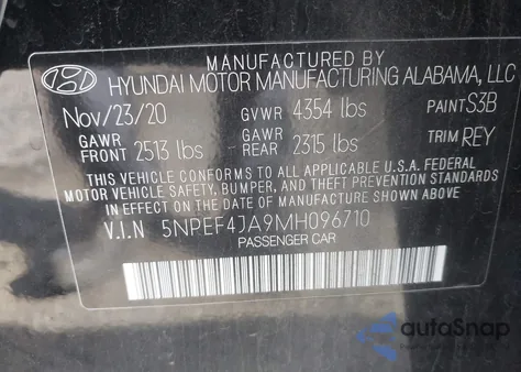 2021 Hyundai Sonata Sel from USA, damaged, VIN 5NPEF4JA9MH096710